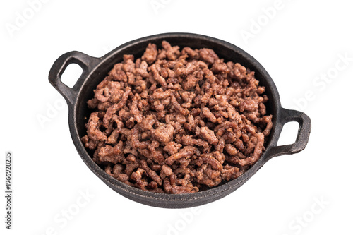 Fried ground beef and pork meat, fresh cooked mince in a skillet isolated on white background