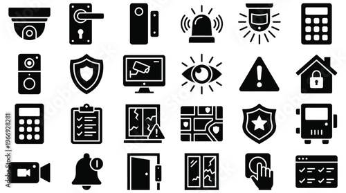 Security System Icons Set with Camera, Alarm, Lock and and Door