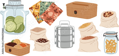 Zero Waste Kitchen Storage and Food Preservation Set Featuring Glass Jars, Cloth Wraps, Grain Bags, Lunch Box and Sustainable Containers Vector Illustration