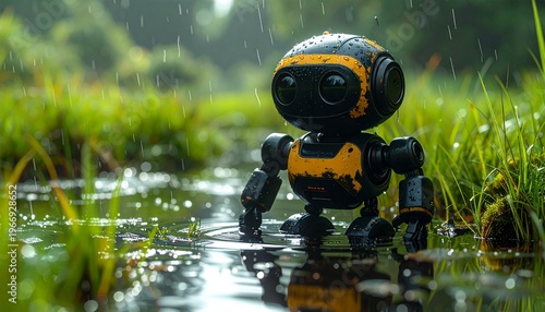 Small futuristic robot standing in shallow water during a rain shower.