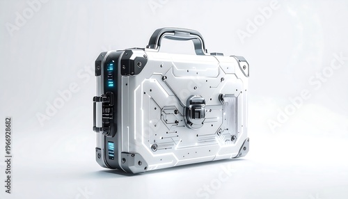 A futuristic, sleek white briefcase glows with neon accents and intricate paneling, set against a pristine white background. Its handle is metallic