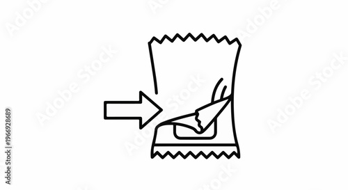 Arrow points to an open package with jagged edges