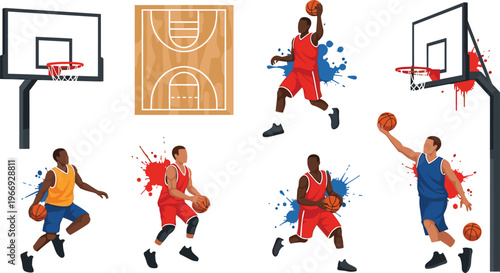 Basketball player action vector set with dribbling shooting dunking court hoop and dynamic sport illustrations isolated on white background