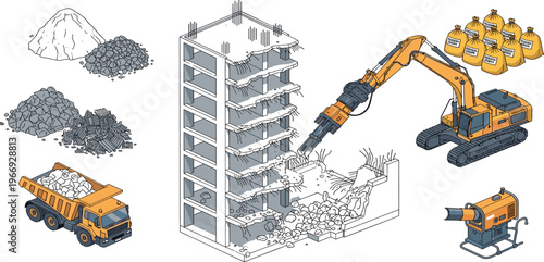 Building Demolition and Construction Waste Management Set Featuring Excavator, Debris Removal, Concrete Breaking, Dump Truck and Recycling Materials Vector Illustration
