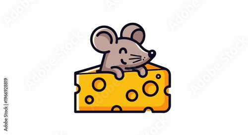 Cute cartoon mouse peeking out from a slice of Swiss cheese
