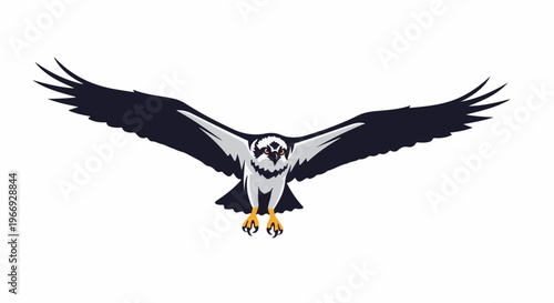 Fierce raptor with dark wings and yellow eyes in mid-flight