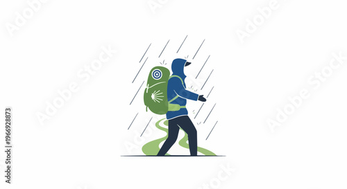 Hiker in rain with backpack, green path, and sparse foliage
