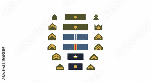 Military insignia and rank chevrons, arranged in columns, on a white background