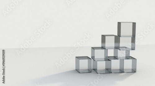 Pila de cubos acrílicos transparentes que proyectan sombras en capas, iluminación suave de estudio, concepto de negocio escalable