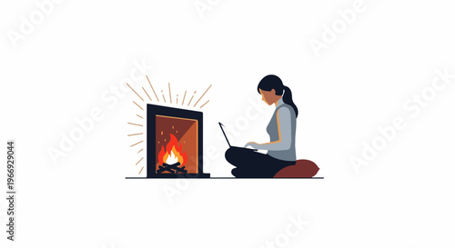 Person working on laptop near a cozy fireplace