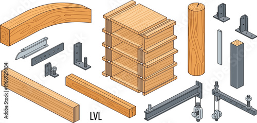 Engineered Timber Construction System Featuring LVL Beams, Wood Columns, Curved Glulam Elements, Metal Connectors and Structural Assembly Vector Illustration Set