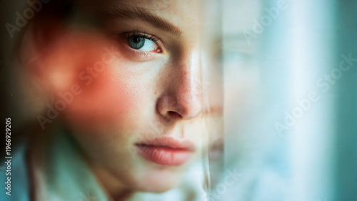 Portrait de jeune femme triste, prés de la fenêtre