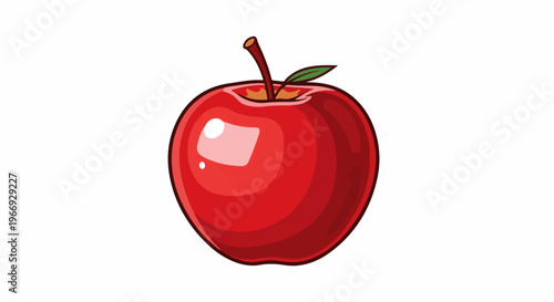 Shiny red apple with a stem and green leaf on a white background