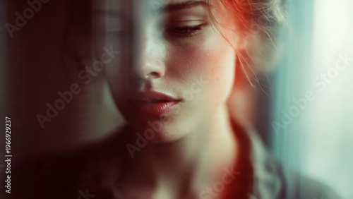 Portrait de jeune femme triste, prés de la fenêtre