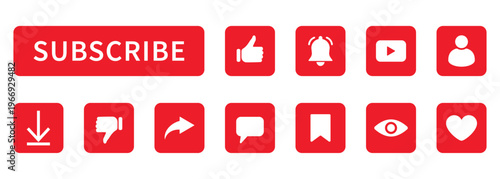 Subscribe button and social media icons set with like bell play share comment download view and user symbols modern UI interface collection for apps web marketing digital communication design