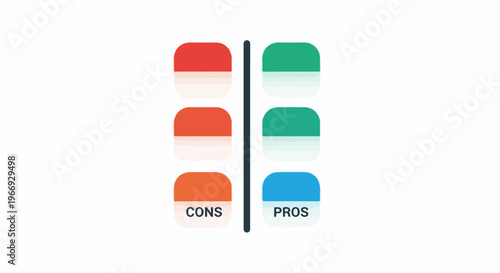 Two columns of colored shapes, representing pros and cons, divided by a line
