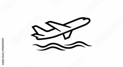 Airplane ascending from wavy water surface, minimalist line art
