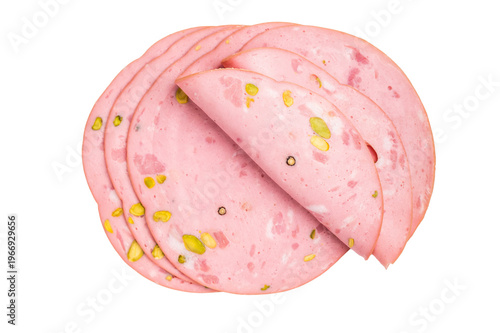 Fotografija Slices Of Traditional Italian antipasti mortadella Bolognese isolated on white background