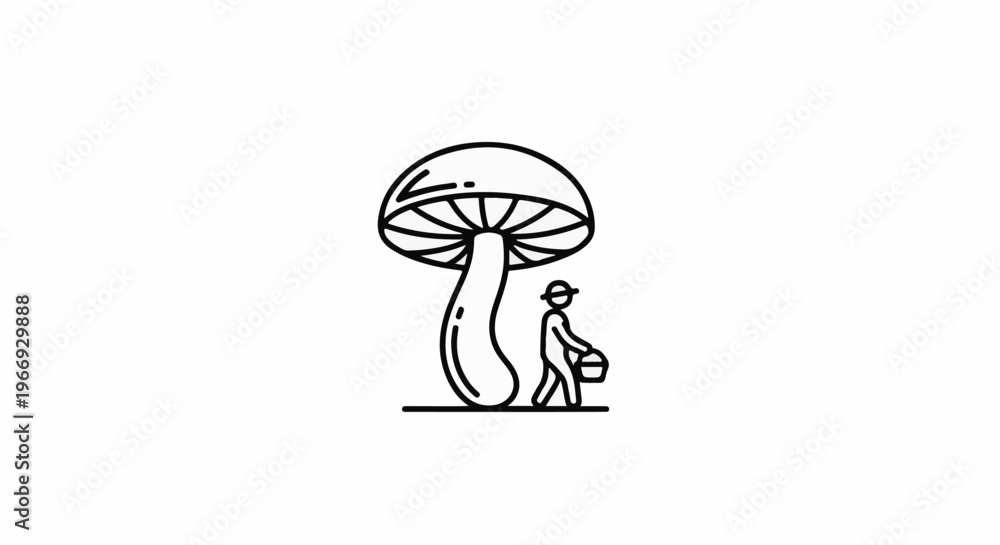Obraz premium Person with basket walks by large mushroom