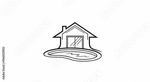 Minimalist line art of a house with sliding doors and a curved pool
