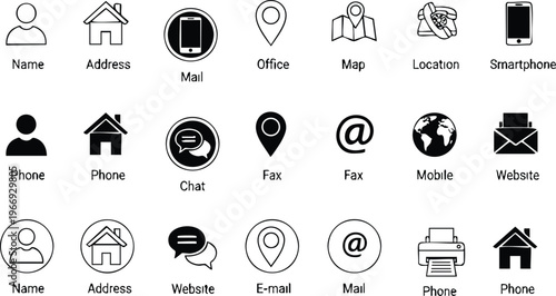 Contact information icon ark set for business cards.