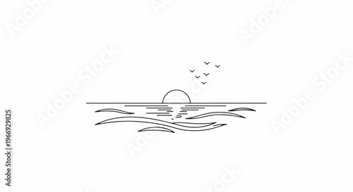 Minimalist line art of a setting sun over calm water with birds flying