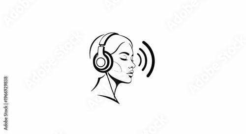 Minimalist profile of a woman with eyes closed wearing headphones, sound waves emanating
