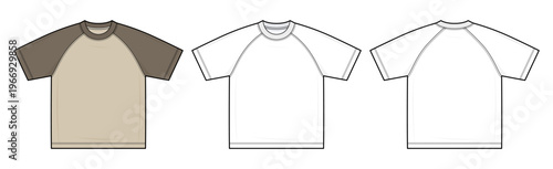 Oversized Boxy Raglan Sleeve T-Shirt Technical Fashion Illustration. Color Block Crew Neck Relaxed Fit Tee Vector Template. Front and Back View CAD Mockup