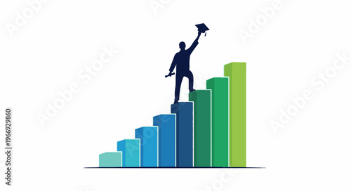 Silhouette of graduate on ascending bar graph celebrating achievement