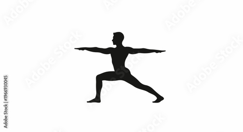 Silhouette of a male performing a yoga warrior pose, arms extended