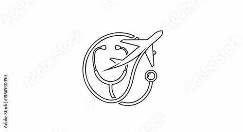 Medical travel symbol with airplane and stethoscope outline