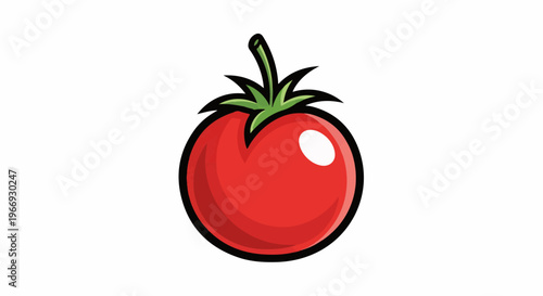 Cartoon red tomato with green stem and leaves, isolated on white