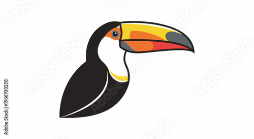 Stylized toucan with bright, multi-colored beak on white background