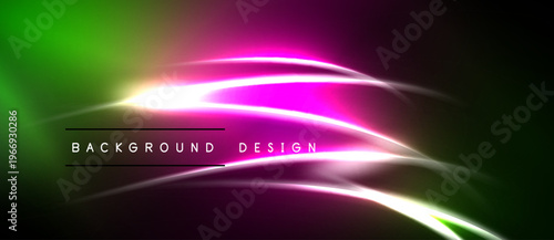 Abstract vibrant lines, gradients. Green, pink, white hues blend. Dark background emphasizes bright curves, modern design element.