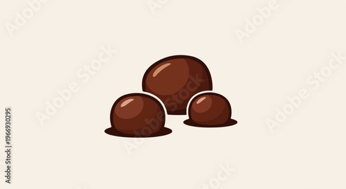 Three cartoon-style chocolate truffles with glossy finish