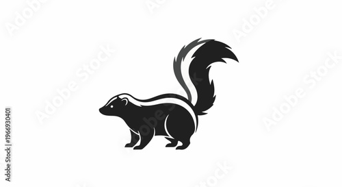 Stylized black skunk illustration with prominent striped tail on white background