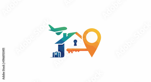A stylized graphic featuring an airplane, house, key, suitcase, and map pin