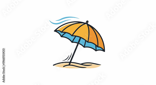 A stylized beach umbrella stands on sand with gentle waves above it