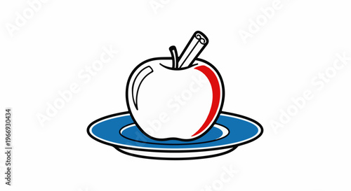 A stylized apple with a cinnamon stick sits on a blue plate