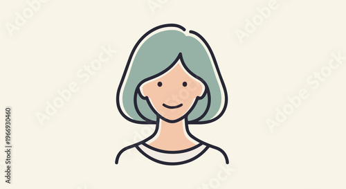 A simple stylized illustration of a smiling woman with short, light blue hair