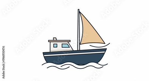 A simple cartoon sailboat glides across wavy water with a tan sail