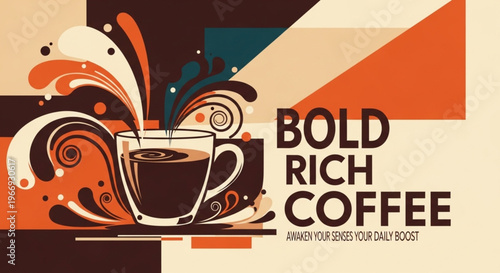 Flat lay vector illustration of a coffee break scene with cups, a coffee pot, croissant, and roasted beans on a dark teal background with a central copy space area.