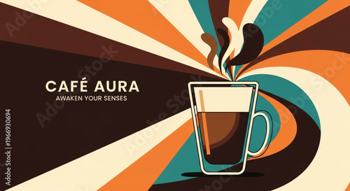 Elegant illustration of a black coffee cup with glowing gold accents, a golden spoon, and swirling magical steam over scattered gold coffee beans.