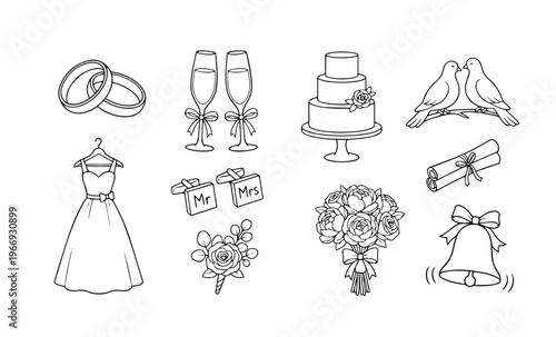 
Wedding Line Art Clipart Set Vol.2 — 10 Bridal & Romance Doodle Elements PNG SVG Vector Illustration