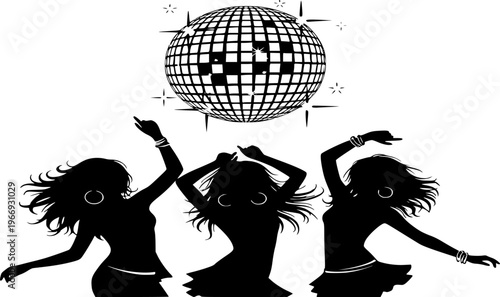 Girls Dancing Disco Ball Party Night Club Fun Celebration Black Vector Silhouette