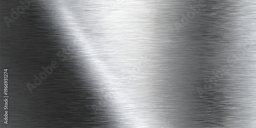 Polished silver stainless steel plate with a brushed metal texture and shiny metallic surface pattern on an industrial gray aluminum sheet