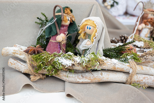 Canvas Print Handmade Fabric Dolls Representing The Nativity Scene In Winter, Bolzano, Italy