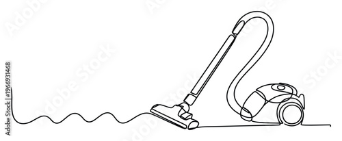 Minimalist continuous line drawing of a modern vacuum cleaner with an extending wavy line representing effective floor cleaning for household chore appliance needs.