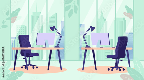 Empty modern office workspace with two desks, computers, and city skyline view