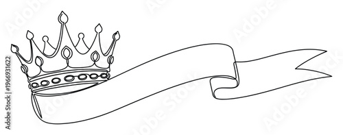 Minimalist continuous line drawing of a royal crown with a flowing ribbon perfect for prestigious award announcements special event invitations or luxury brand presentations